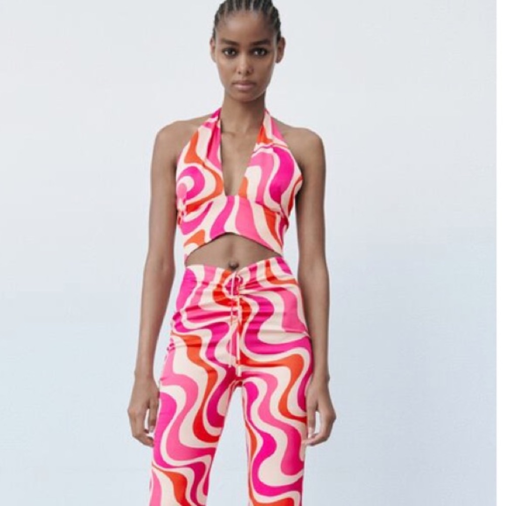 Zara Printed Pink Halter Crop Top